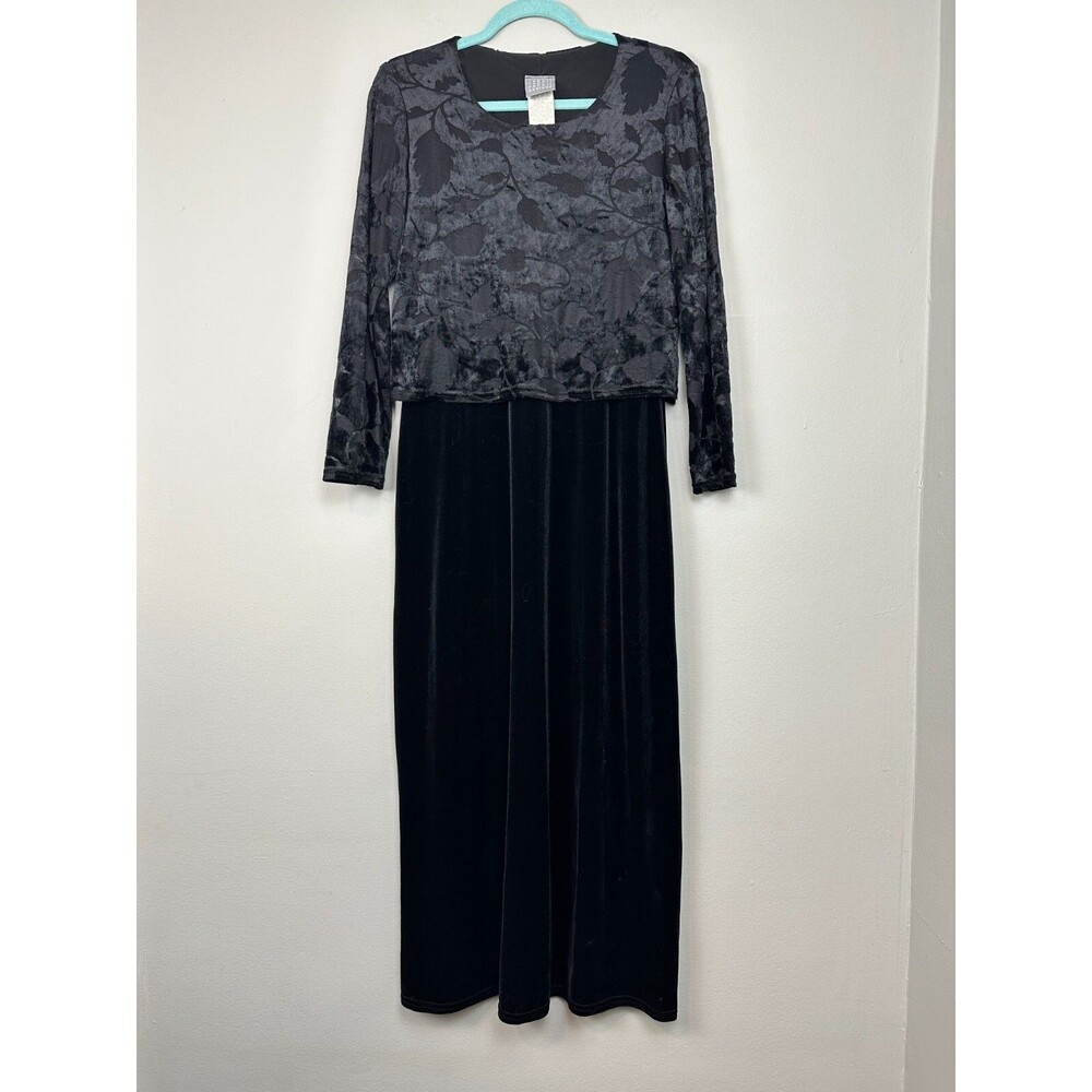 Vtg Velvet Burnout Maxi Dress 10 Black Long Sleeve Goth Grunge Witchy Y2K 90s